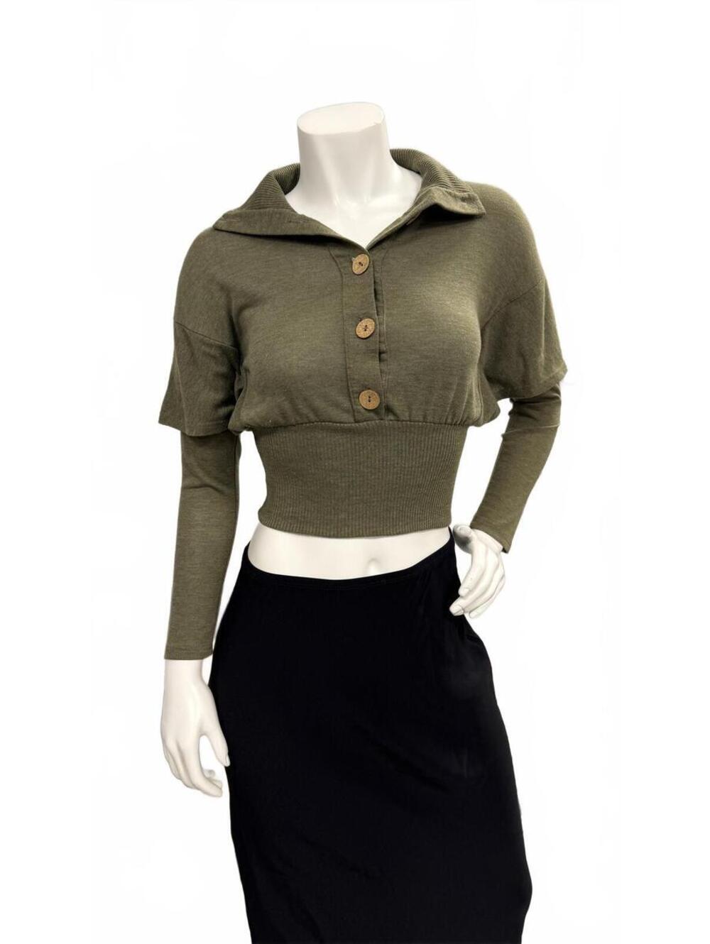 Ginger G Olive Green Crop Top Button Front Layered Look Long Sleeve